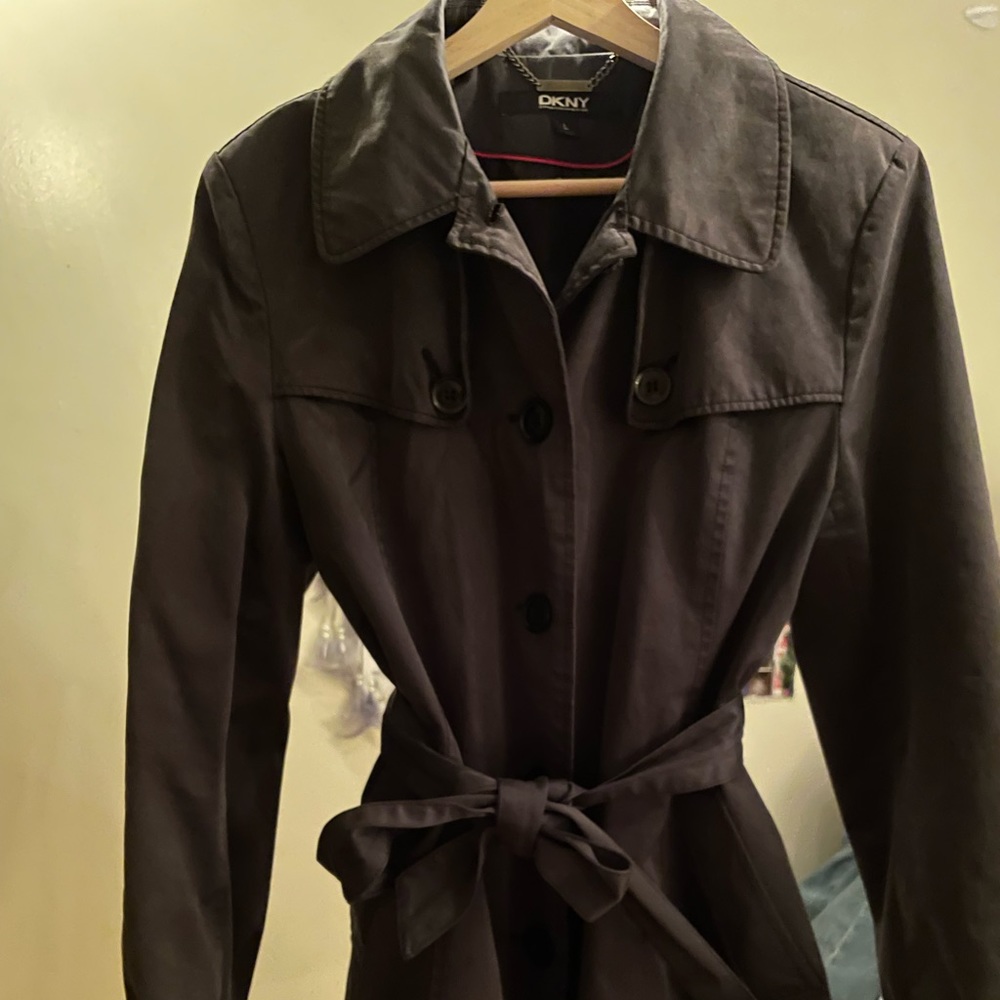 Vintage Navy Blue DKNY Donna Karan New York Utilitarian Belted Trench Coat